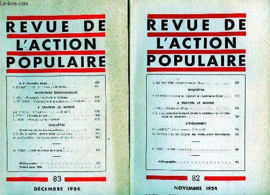 REVUE DE L'ACTION POPULAIRE - 2 VOLUMES : N82 ET 83 : NOV/DEC 54