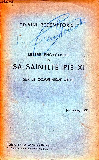 LETTRE ENCYCLIQUE DE SA SAINTETE PIE XI SUR LE COMMUNISME ATHEE