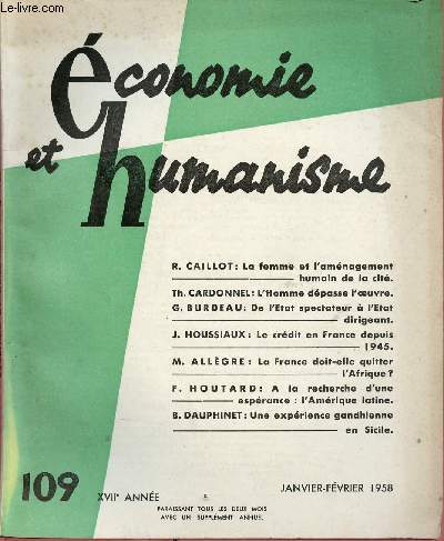 ECONOMIE ET HUMANISME N109 - JAN/FEV 58 - XVIIe ANNEE