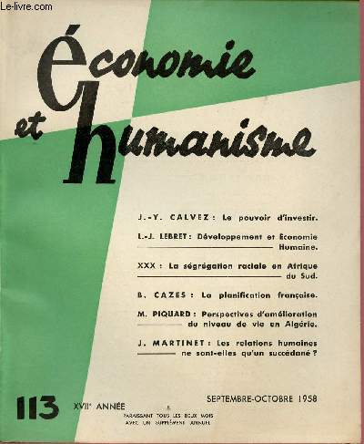 ECONOMIE ET HUMANISME N113 - XVIIe ANNEE - SEPT/OCT 58