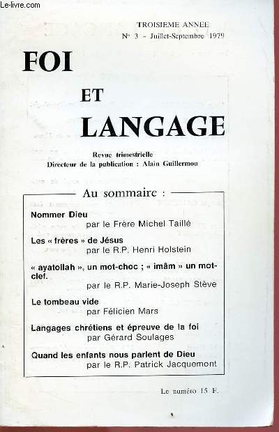 FOI ET LANGAGE N3 - 3EME ANNEE - JUI/SEPT 79