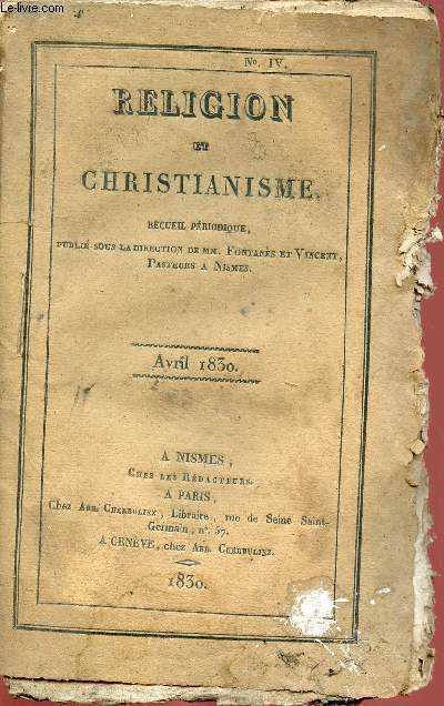 RELIGION ET CHRISTIANISME - RECUEIL PERIODIQUE - NIV - AVRIL 1830