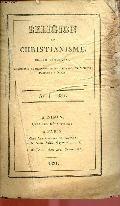 RELIGION ET CHRISTIANISME - RECUEIL PERIODIQUE - AVRIL 1831