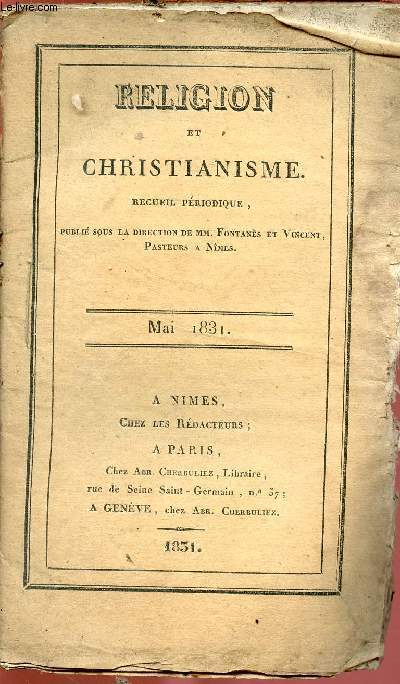 RELIGION ET CHRISTIANISME - RECUEIL PERIODIQUE - MAI 1831