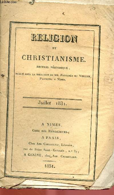 RELIGION ET CHRISTIANISME - RECUEIL PERIODIQUE - JUI 1831