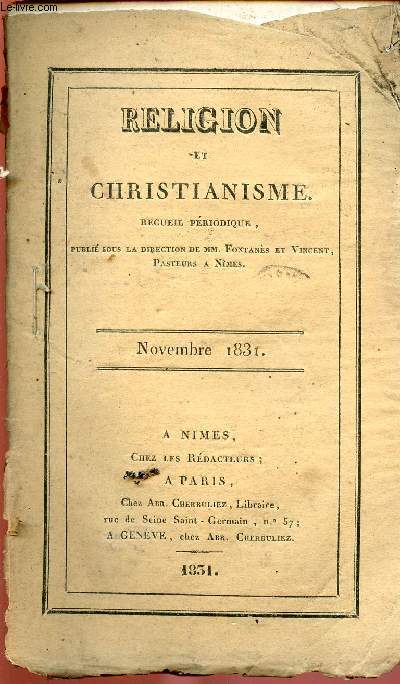 RELIGION ET CHRISTIANISME - RECUEIL PERIODIQUE - NOV 1831