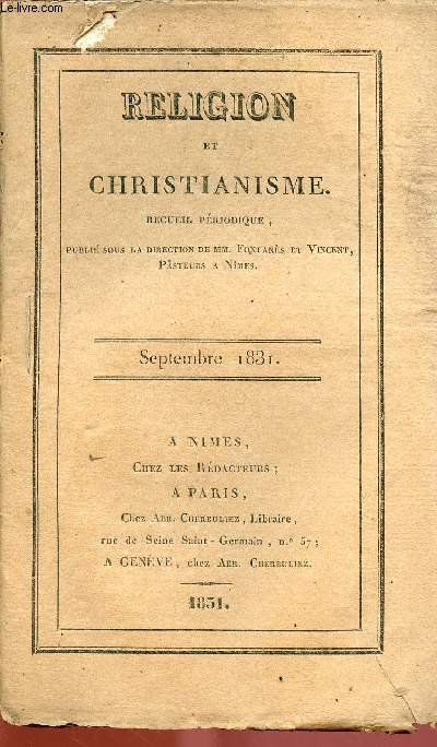 RELIGION ET CHRISTIANISME - RECUEIL PERIODIQUE - SEPT 1831