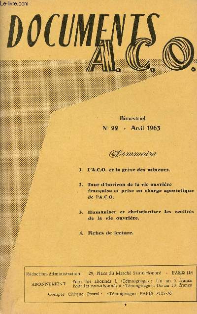 DOCUMENTS A.C.O : BIMESTRIEL , N22 - AVRIL 63
