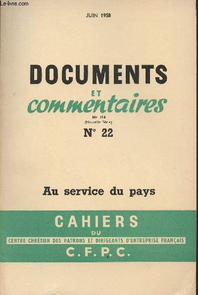 CAHIERS DU C.F.P.C N22 : DOCUMENTS ET COMENTAIRES N 114 - JUIN 58