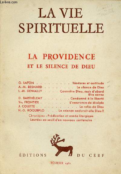 LA VIE SPIRITUELLE N480 - FEV 62 : : LA PROVIDENCE ET LE SILENCE DE DIEU