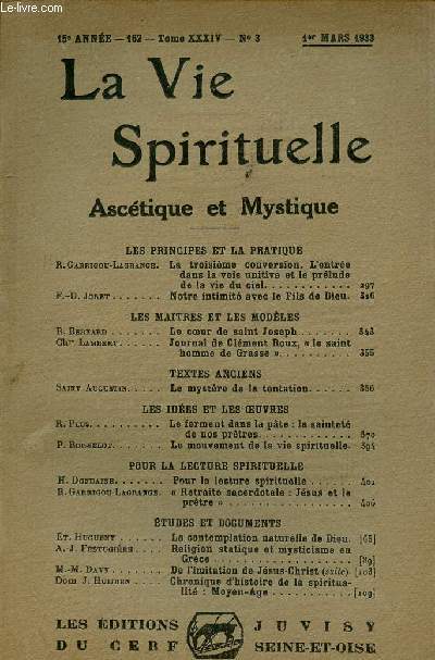 LA VIE SPIRITUELLE N3 - 15E ANNEE : Le coeur de Saint Joseph, par R. Bernard / Pour la lecture spirituelle, par H. Dondaine,etc