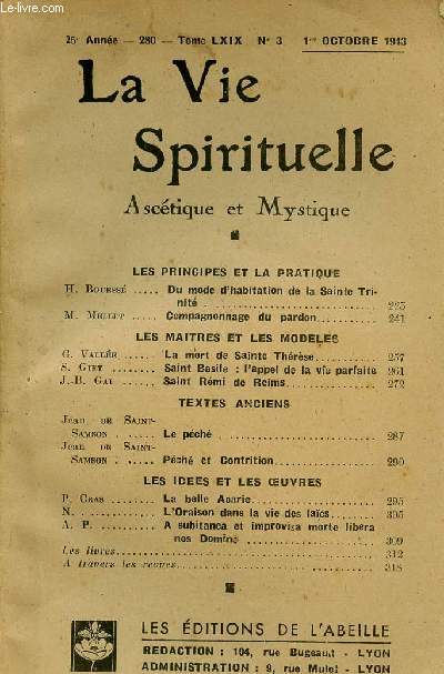 LA VIE SPIRITUELLE N3 - 25E ANNEE - 1ER OCT 43 : La mort de Sainte Thrse, par G. Valle / Saint Rmi de Reims, par J.-B. Gai,etc