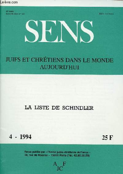 SENS - JUIFS ET CHRETIENS DANS LE MONDE AUJOURD'HUI : N4-1994 : LA LISTE DE SCHINDLER