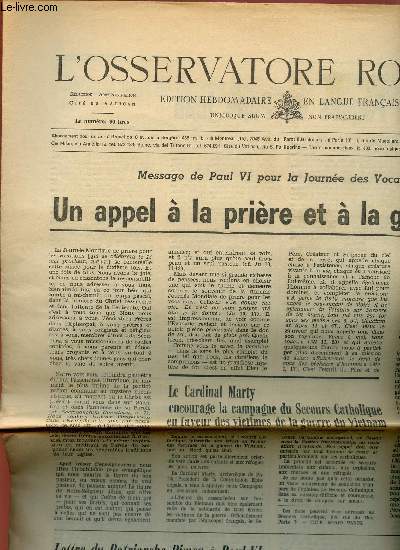 L'OSSERVATORE ROMANO N18 (1220) - 4 MAI 73 : Message de Paul VI pour la Journe des Vocations : Un appel  la prire et  la gnrosit / Les Organistions Internationales et le Saint-Sige, par Paolo Vicentin,etc