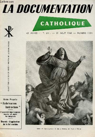 LA DOCUMENTATION CATHOLIQUE N1334 - 21 AOUT 60 : Motu Proprio 