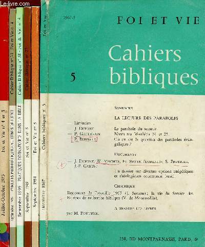 FOI ET VIE - LOT DE 6 REVUES : ANNEE 1967 : N5 / JUI/OCT 1973 : N4 ET 5 (1 VOLUME) / SEPT 1984 : N5 / SEPT 1988 : N5 / SEPT 94 : N4 / SEPT 99 : N4