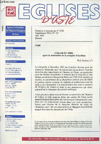 EGLISE D'ASIE : SUPPLEMENT N 155 : L'ISLAM EN INDE : APRES LA DESTRUCTION DE LA MOSQUEE D'AYODHYA