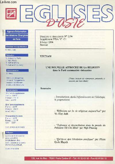 EGLISE D'ASIE : SUPPLEMENT N171- FEV 94 : UNE NOUVELLE APPROCHE DE LA RELIGION DANS LE PARTI COMMUNISTE VIETNAMIEN