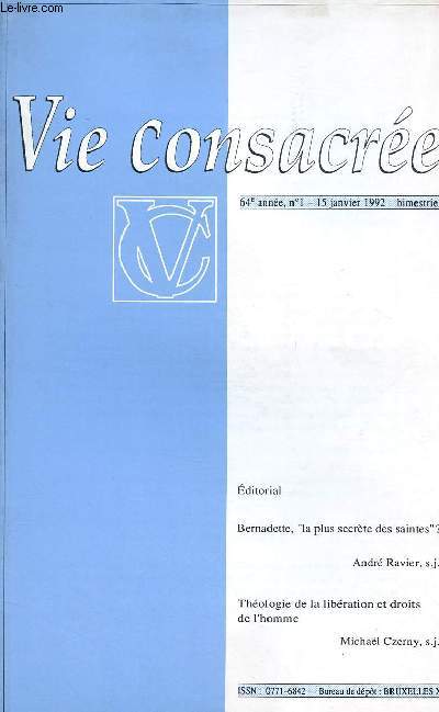 VIE CONSACREE N1-64e ANNEE - 15 JAN 92 : Bernadette : 