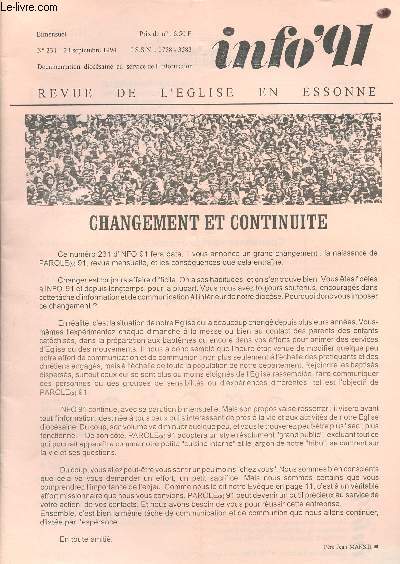INFO 91 - REVUE DE L'EGLISE EN ESSONNE : N231 - 24 SEPT 94 : Changement et continuit, par Pre Jean Mansir / 2 oct 94 : Journe chrtienne de la famille / Hati : A propos de l'assassinat du Pre Jean-Marie Vincent, Message de Mgr Joseph Duval,etc
