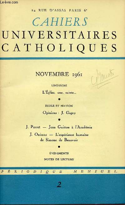 CAHIERS UNIVERSITAIRES CATHOLIQUES N2- NOV 61 : Jean Guitton  l