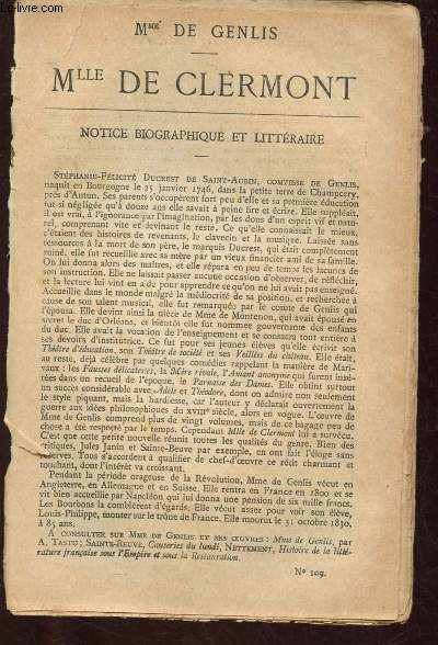 BIBLIOTHEQUE POPULAIRE N109 - MME DE CLERMONT + Notice biographique et littraire