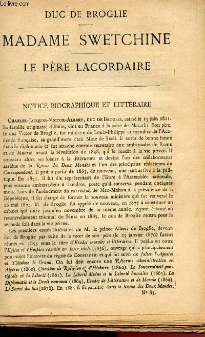 BIBLIOTHEQUE POPULAIRE N85 : MADAME SWETCHINE / LE PERE LACORDAIRE