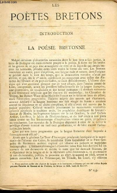 BIBLIOTHEQUE POPULAIRE N153 : LES POETES BRETONS : La posie bretonne / Les potes bretons modernes / Evariste Boulay-Paty / Brizeux / Dominique Caill / Chateaubriand / Pitre chevalier / Achille du Clsieux / Tristan Corbire,etc