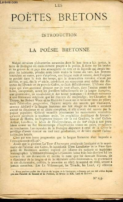 BIBLIOTHEQUE POPULAIRE N153 : LES POETES BRETONS : La posie bretonne / Les potes bretons modernes / Evariste Boulay-Paty / Brizeux / Dominique Caill / Chateaubriand / Pitre chevalier / Achille du Clsieux / Tristan Corbire,etc