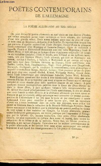 BIBLIOTHEQUE POPULAIRE N71 : POETES CONTEMPORAINS DE L'ALLEMAGNE : La posie allemande au XIXme sicle