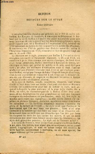 BIBLIOTHEQUE POPULAIRE N411 : DISCOURS SUR LE STYLE, Discours prononc ) l'Acadmie Franaise par M. De Buffon le jour de sa rception (25 Aot 1753),etc
