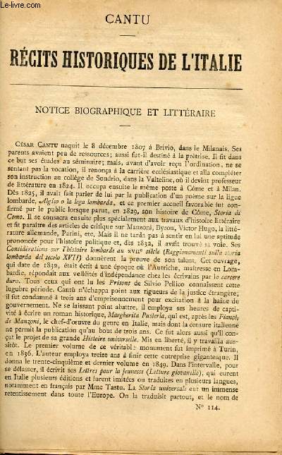 BIBLIOTHEQUE POPULAIRE N1174 : RECITS HISTORIQUES DE L'ITALIE