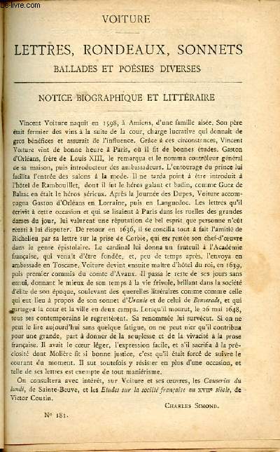 BIBLIOTHEQUE POPULAIRE N181 : LETTRES, RONDEAUX, SONNETS, BALLADES ET POESIES DIVERSES