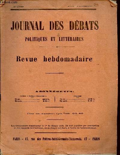 JOURNAL DES DEBATS POLITIQUES ET LITTERAIRES -REVUE HEBDOMADAIRE - N1028- 3 OCT 1913 : Le pavillon franais dans Le Levant / La 