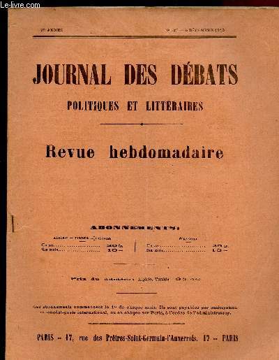 JOURNAL DES DEBATS POLITIQUES ET LITTERAIRES -REVUE HEBDOMADAIRE - N1037- 5 DEC 1913 : Lettres d'Algrie / Bizerte et la situation navale / La crise ministrielle / L'incident de Jrusalem et le Vatican,etc