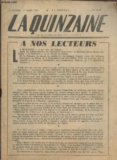 LA QUINZAINE N98/99 - 15 FEVRIER -1ER MARS 1955 : Le commentaire de 'L'Osserataore Romano