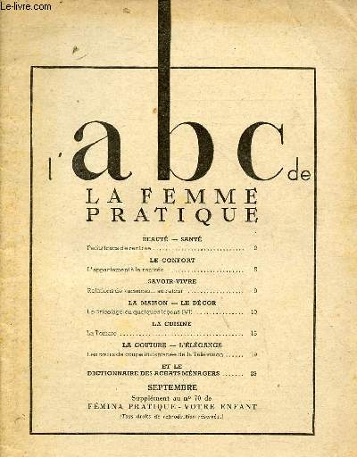 SUPPLEMENT N70 (SEPT) FEMINA PRATIQUE - CAHIERS DE ELLE - L'ABC DE LA FEMME PRATIQUE : Petits trucs de rentre / La Tomate / Les cours de coupe instantanne de la Tlvision,etc