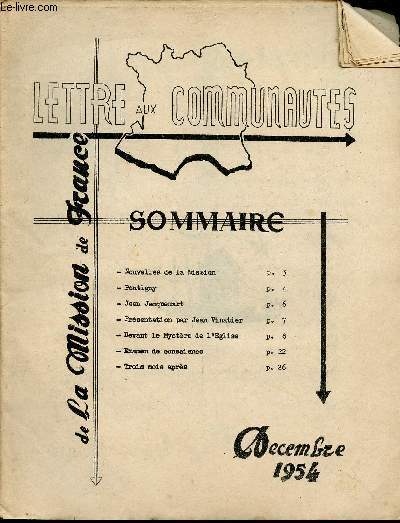 LETTRE AUX COMMUNAUTES DE LA MISSION DE FRANCE - DEC 54 :