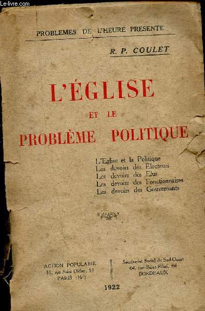 L'EGLISE ET LE PROBLEME POLITIQUE - COLLECTION 