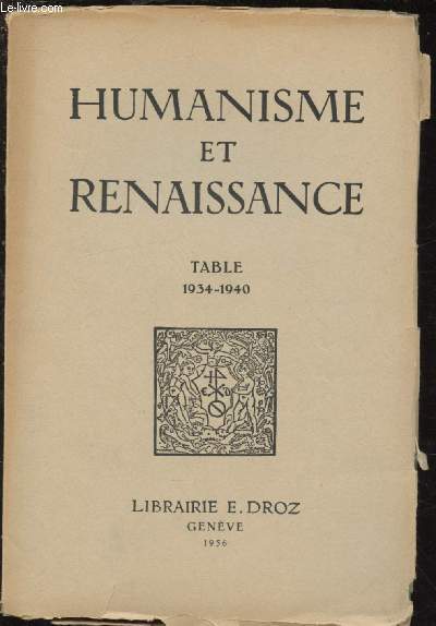 TABLE 1934 - 1940  / BIBLIOTHEQUE D'HUMANISME ET RENAISSANCE : Index des auteurs - Index des noms propres