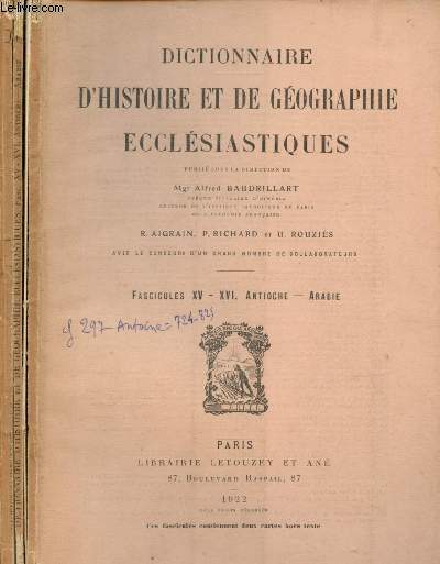 FASCICULES XV - XVI : ANTIOCHE - ARABIE / DICTIONNAIRE D'HISTOIRE ET DE GEOGRAPHIE ECCLESIASTIQUES