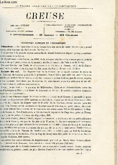 CREUSE/ LA FRANCE ILLUSTREE PAR DEPARTEMENTS (EXTRAIT DU TOME II - FEUILLES MOBILES) : Description physique et gographique, Histoire du dpartement et des villes, bourgs et chteaux les plus remarquables