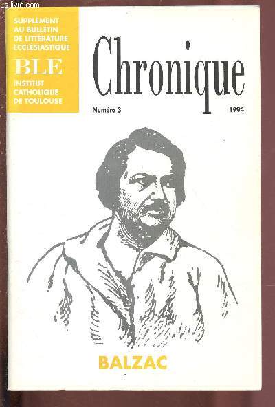 BALZAC / N3-1994 - SUPPLEMENT AU BULLETIN DE LITTERATURE ECCLESIASTIQUE 