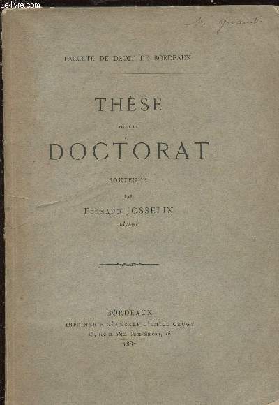 THESE POUR LE DOCTORAT : DROIT ROMAN DU POSTLIMINIUM / DROIT FRANCAIS DE LA CONDITION DES NICOIS ET DES SAVOISIENS au point de vue de la nationalit (Trait de Turin)