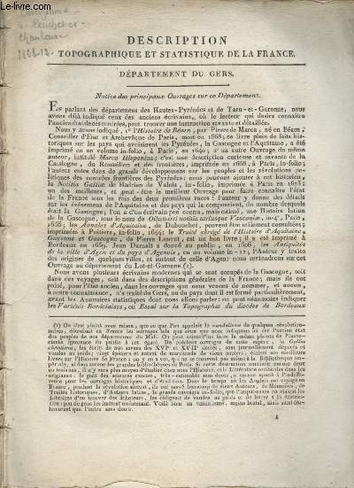 DEPARTEMENT DU GERS / EXTRAIT DE DESCRIPTION TOPOGRAPHIQUE ET STATISTIQUE DE LA FRANCE