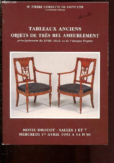 1er AVRIL 1992 - 14H30 - TABLEAUX ANCIENS - OBJETS DE TRES BEL AMEUBLEMENT - TAPIS - TAPISSERIE - CATALOGUE DE VENTE AUX ENCHERES - HOTEL DROUO - SALLES 1 ET 7
