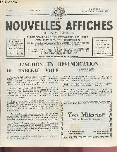 N2353 - Du 9 au 15 Aot 1979 - LES NOUVELLES AFFICHES DE MARSEILLE : L'action en revendication du tableau vol, par P. Poucel - Extension  l'ensemble des dpartements mtropolitains de la mensualisation du paiement de l'impt sur le revenu -etc