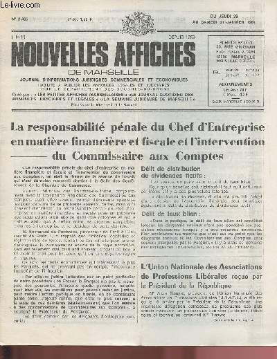 2496 - Du 29 au 31 Janvier 1981 - LES NOUVELLES AFFICHES DE MARSEILLE : La responsabilit pnale du Chef d'Entreprise en matire financire et fiscale et l'intervention du Commissaire aux Comptes - Trois mesures visants  simplifier la vie aux Assurs ..