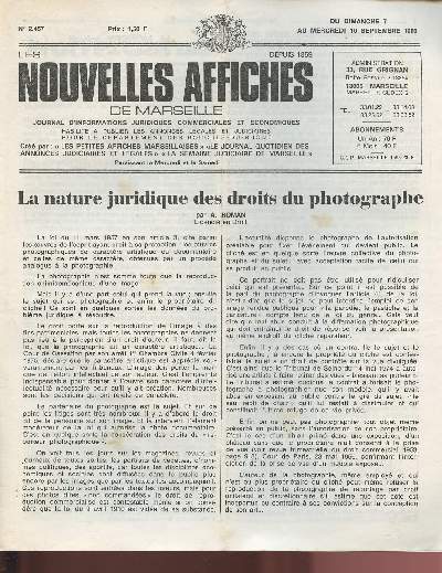 2457 - Du 7 au 10 Septembre 1980 - LES NOUVELLES AFFICHES DE MARSEILLE : La nature juridique des droits du photographe, par A. Roman - M. Monory prvoit un taux d'inflation de 13 % pour 1980 - Marguerite et Angeline Allar ce vendredi chez Jouvene, etc.