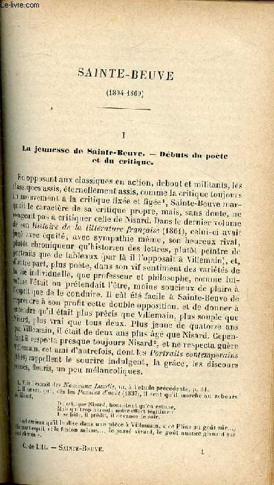 SAINTE-BEUVE (1804-1869) : LA JEUNESSE DE SAINTE-BEUVE - DEBUTS DU POETE ET DU CRITIQUE